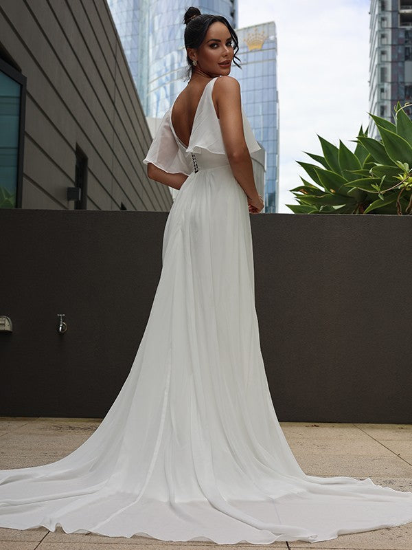A-Line/Princess Chiffon Ruched V-neck Sleeveless Sweep/Brush Train Wedding Dresses