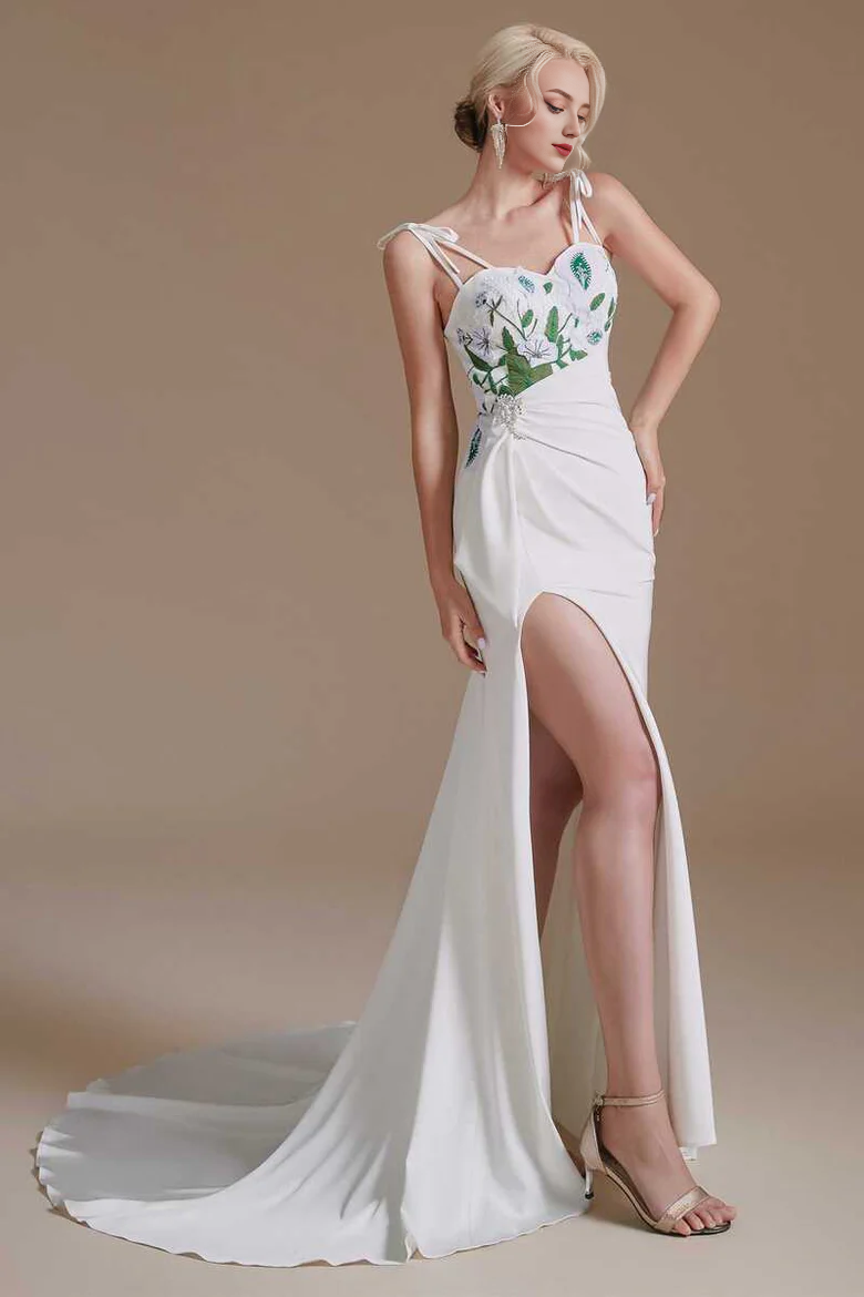 Straps Appliques Backless Sheath Bridal Gown with Slit