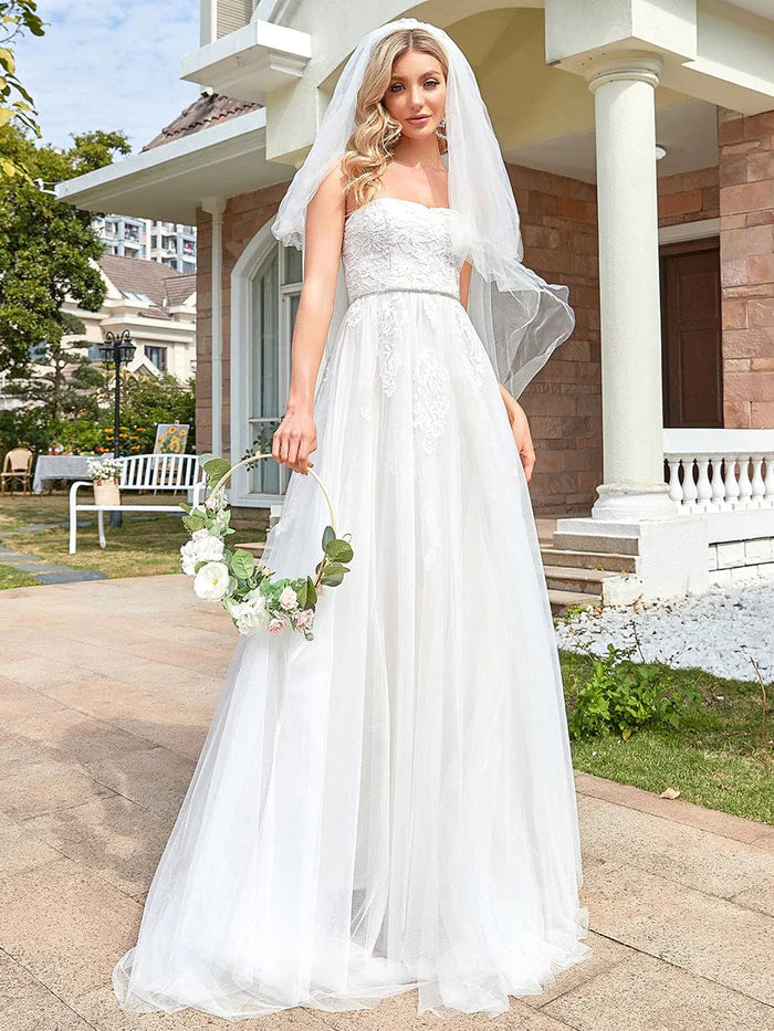 Sequin Belted Strapless Sweetheart Lace Tulle Wedding Dress