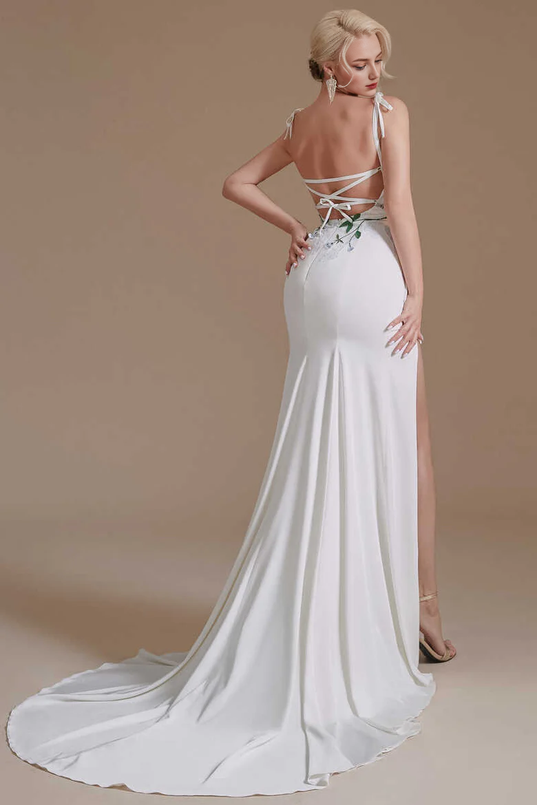 Straps Appliques Backless Sheath Bridal Gown with Slit