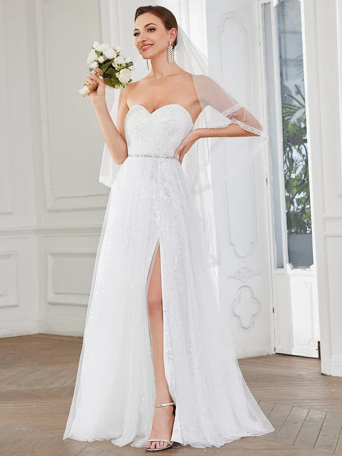 Lace Corset Back Sweetheart Sleeveless Side Slit Wedding Dress