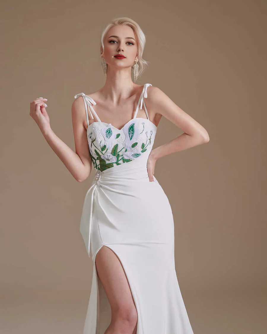 Straps Appliques Backless Sheath Bridal Gown with Slit