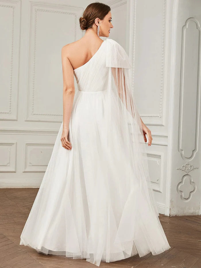 Tie Sleeve Asymmetrical Layered Tulle A-line Wedding Dress