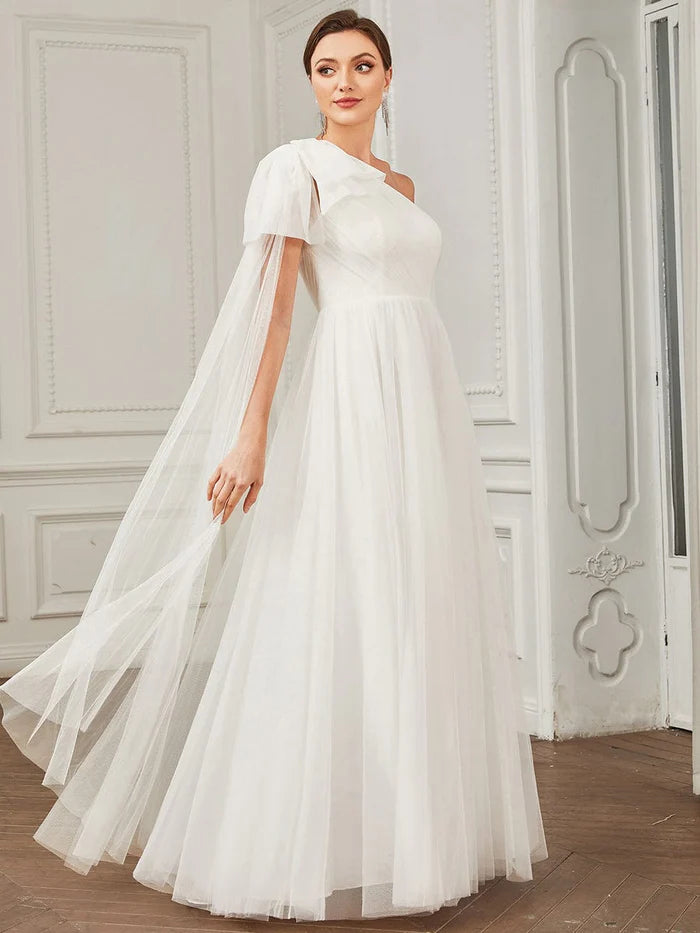 Tie Sleeve Asymmetrical Layered Tulle A-line Wedding Dress