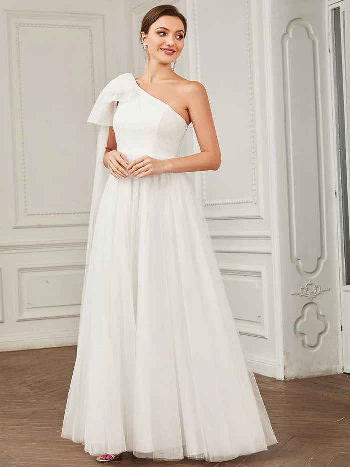 Tie Sleeve Asymmetrical Layered Tulle A-line Wedding Dress