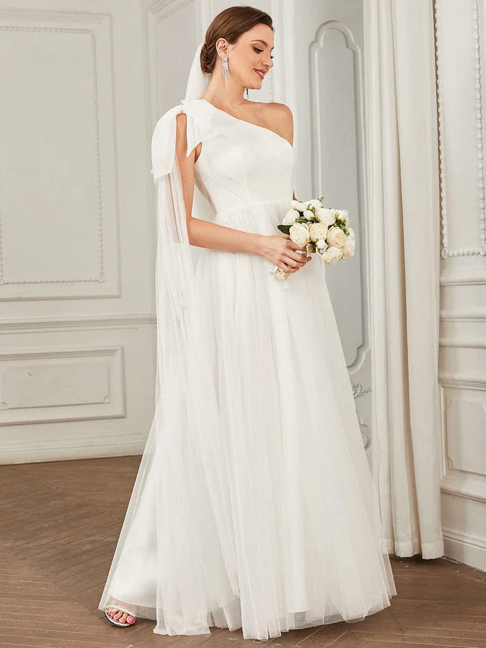Tie Sleeve Asymmetrical Layered Tulle A-line Wedding Dress