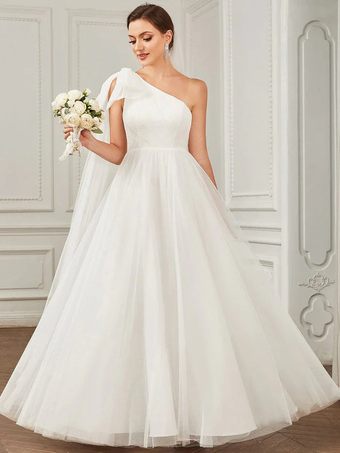 Tie Sleeve Asymmetrical Layered Tulle A-line Wedding Dress