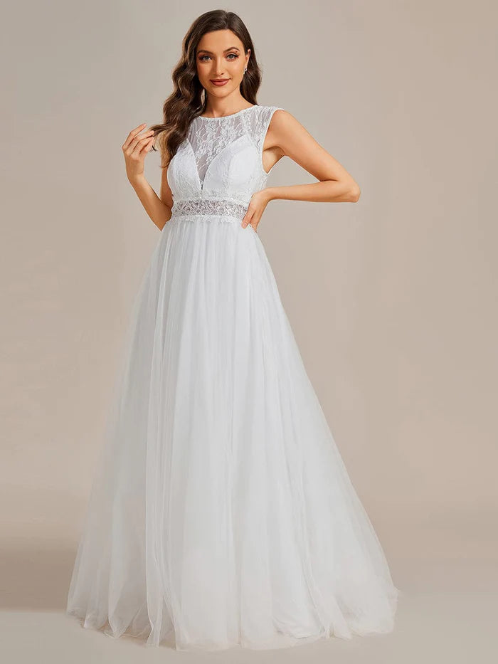 Romantic See-Through Lace Sleeveless A-Line Wedding Dress