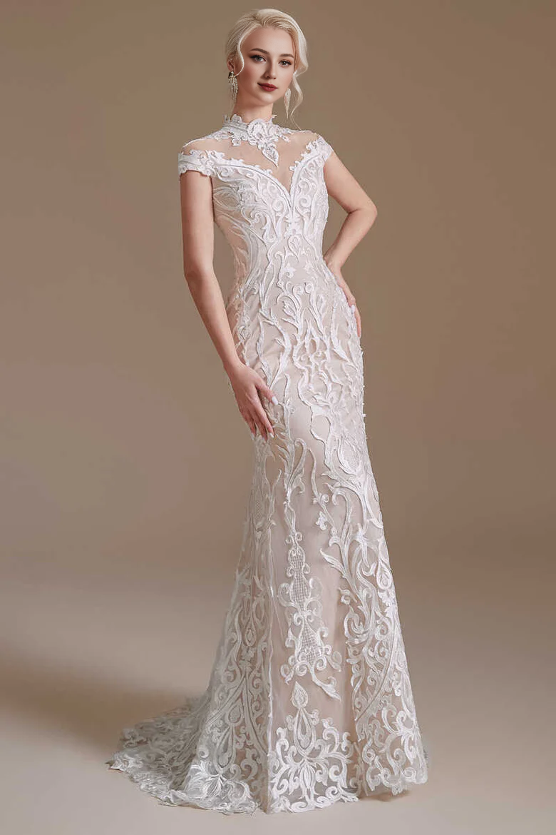 Off-White Lace High Collar Off-the-Shoulder Mermaid Wedding Dress