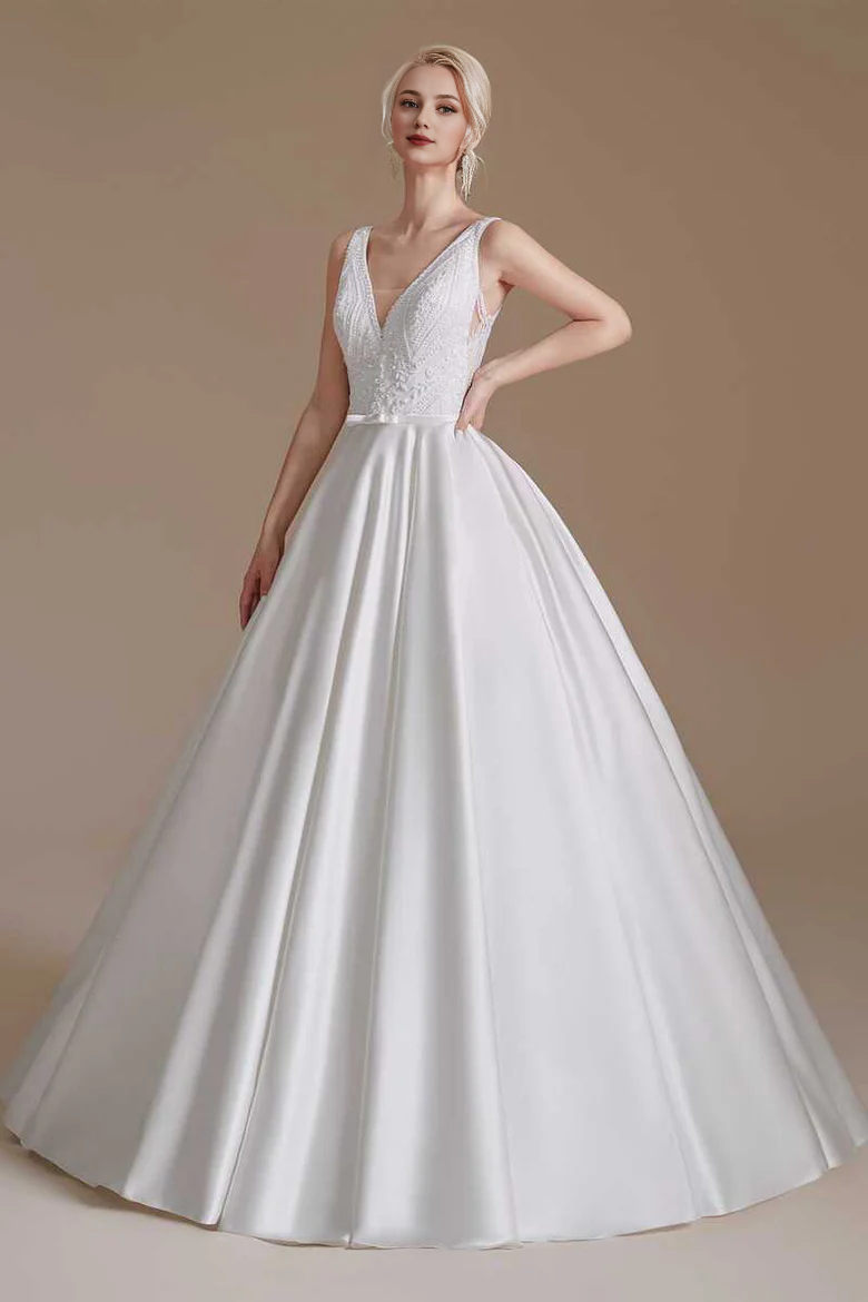 Embroidered V-Neck Open Back A-Line Long Wedding Dress