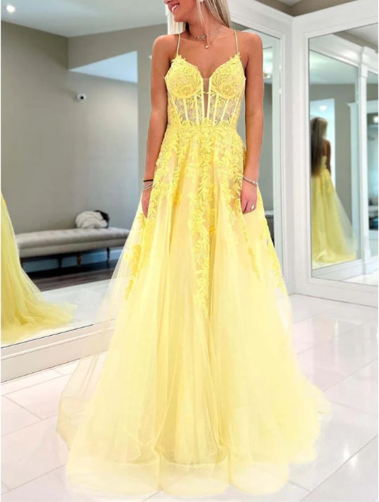 A-Line Yellow Corset Prom Dress