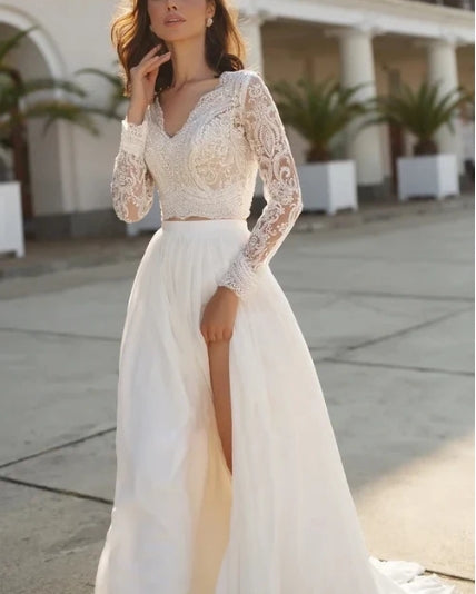 Two Piece V-neck Wedding Dress with Sweep Train Lace Long Sleeves