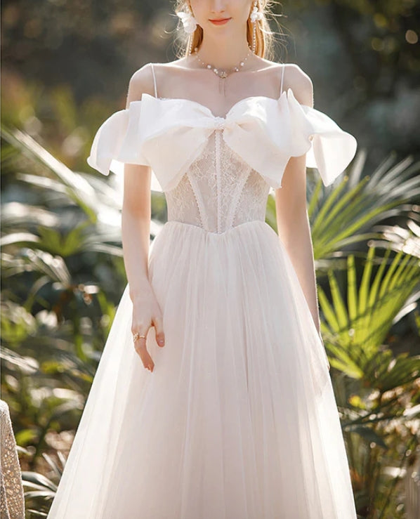 White Off Shoulder Wedding Dress Long Prom Dress with