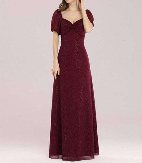 Burgundy Sweetheart Pleated Short Sleeves Prom Dress