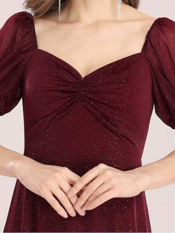 Burgundy Sweetheart Pleated Short Sleeves Prom Dress