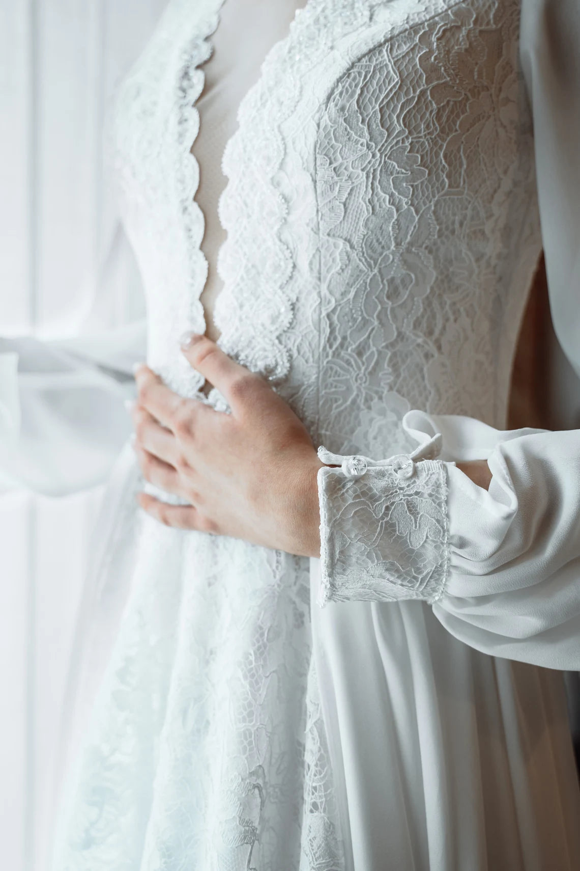 Long Sleeve Wedding Dress Chiffon and Lace Wedding Dress Plunging Neckline Wedding Dress