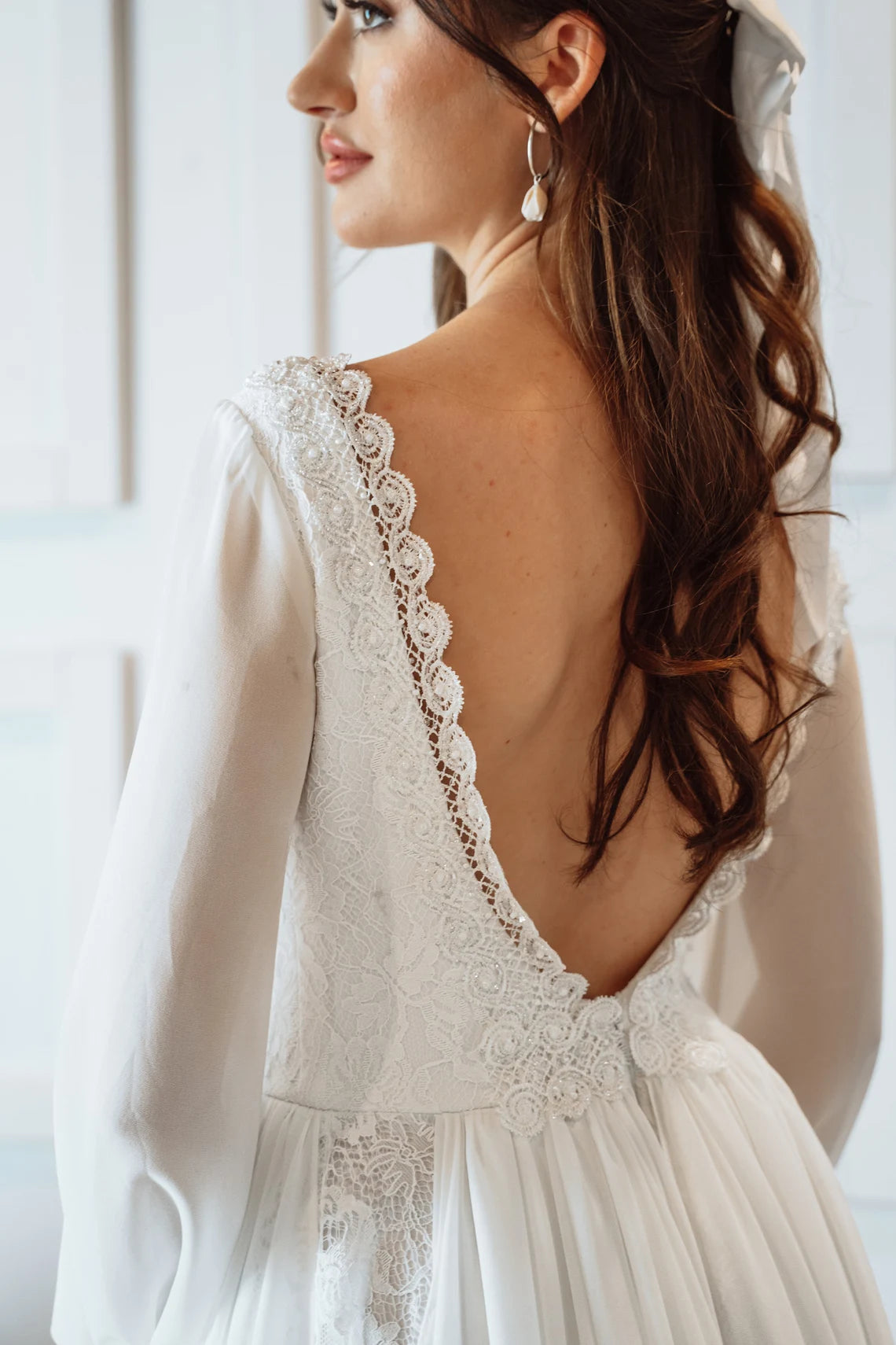 Long Sleeve Wedding Dress Chiffon and Lace Wedding Dress Plunging Neckline Wedding Dress