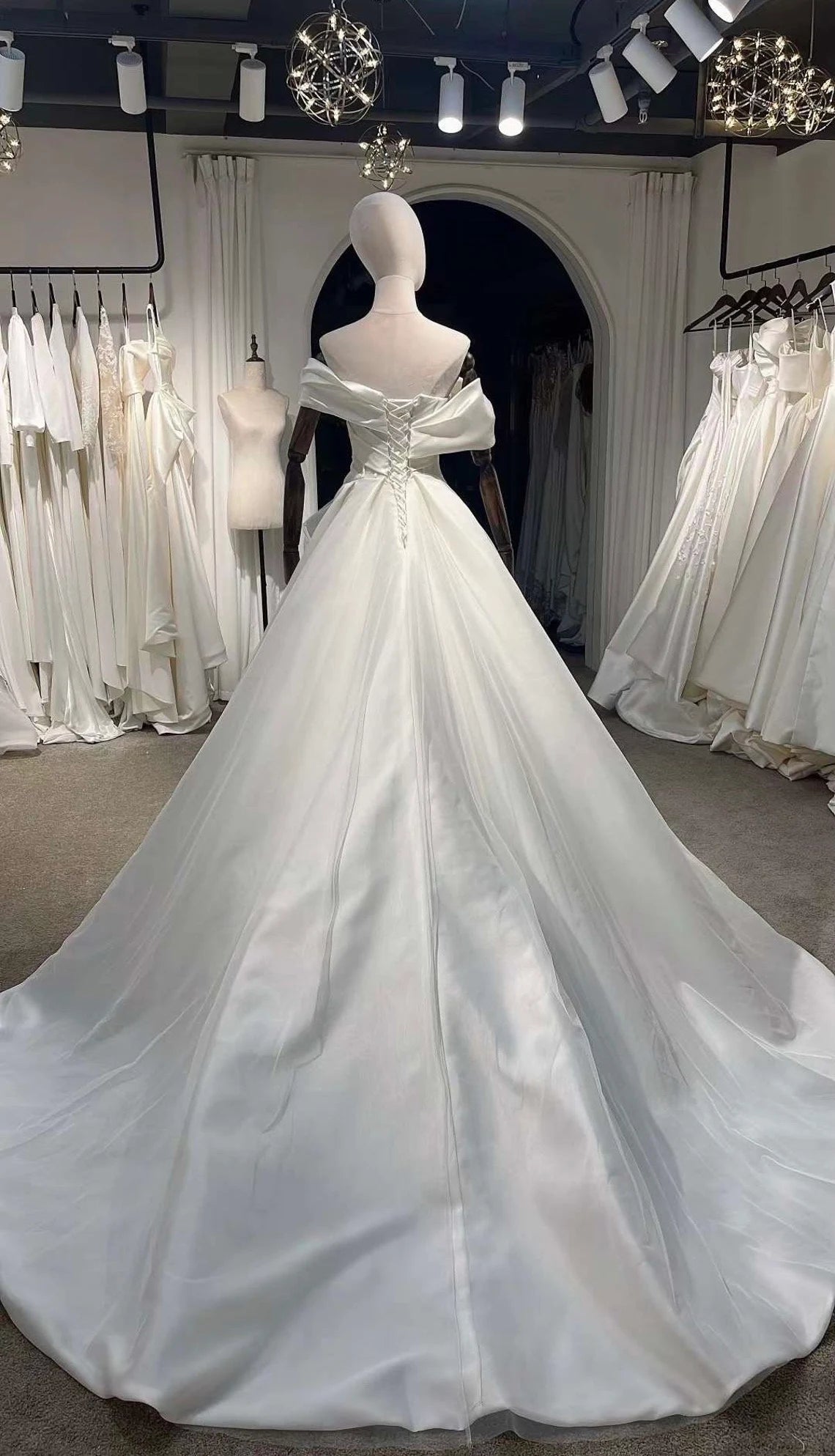 Off-the-shoulder satin corset wedding dress unique minimalist A-line bridal dress custom simple & classic Ivory ball gown