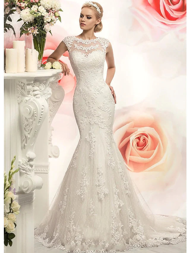 DingjiMermaid Trumpet Wedding Dresses Jewel Neck Court Train Lace Tulle Cap Sleeve with Appliques