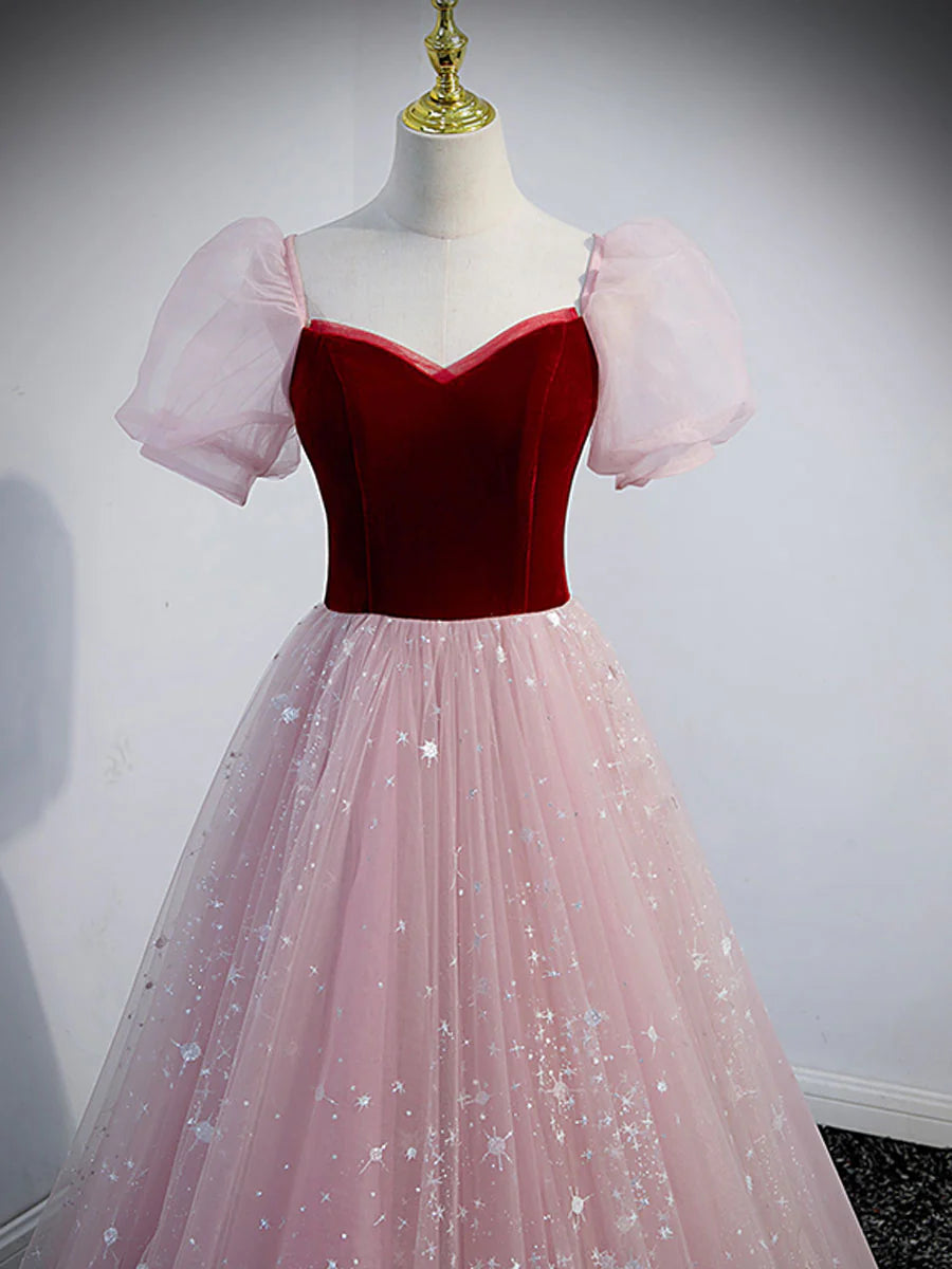 A line Tulle Long Prom Dress Pink Tulle Evening Graduation Dresses