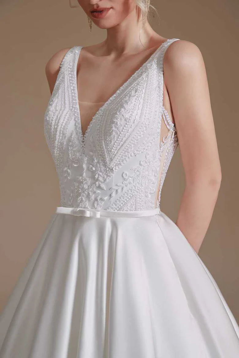 Embroidered V-Neck Open Back A-Line Long Wedding Dress