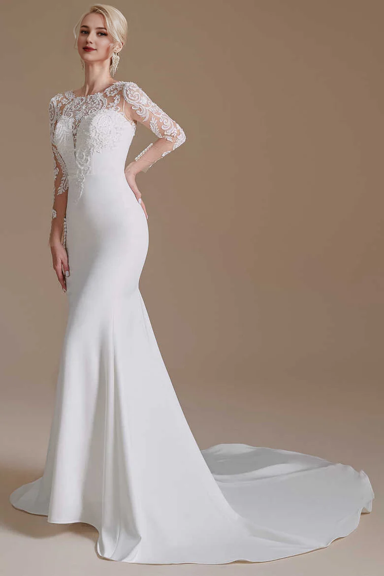 White Long Sleeves Mermaid Wedding Dress