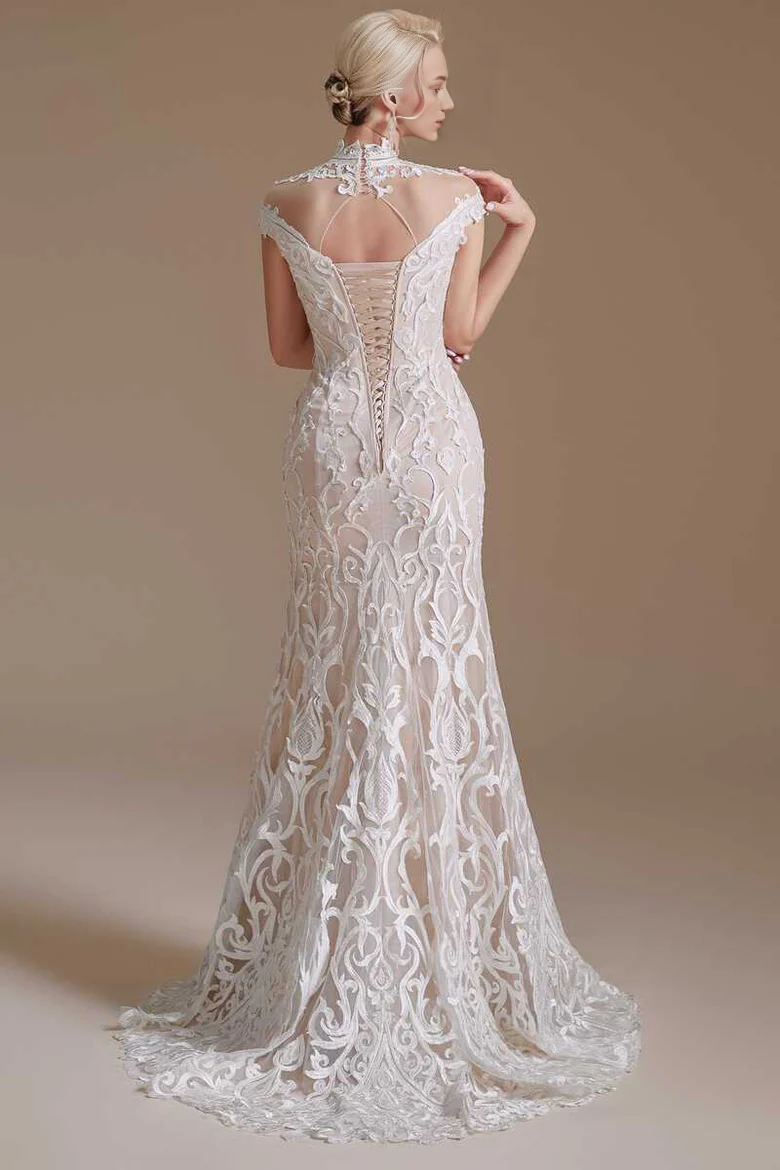 Off-White Lace High Collar Off-the-Shoulder Mermaid Wedding Dress