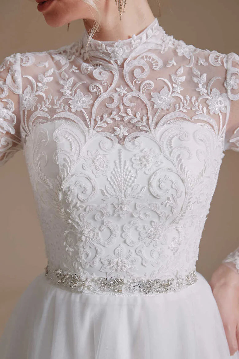 Lace High Collar Long Sleeves A-Line Wedding Dress