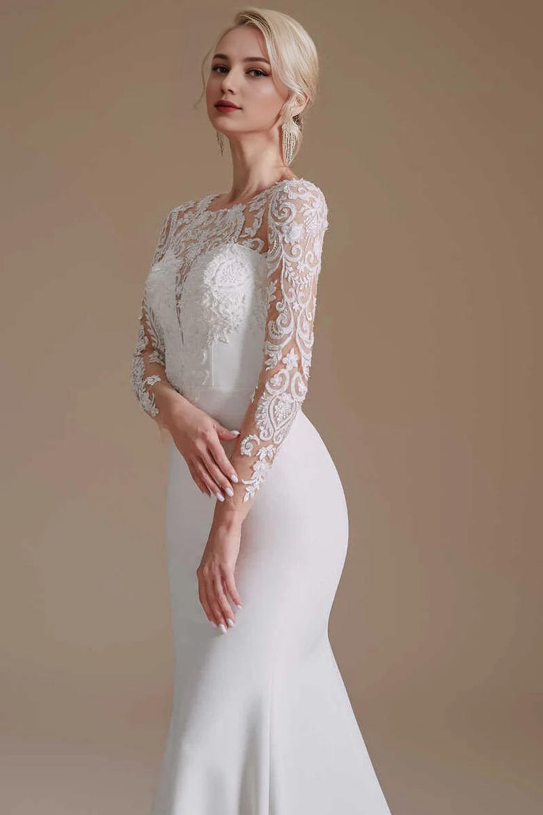 White Long Sleeves Mermaid Wedding Dress