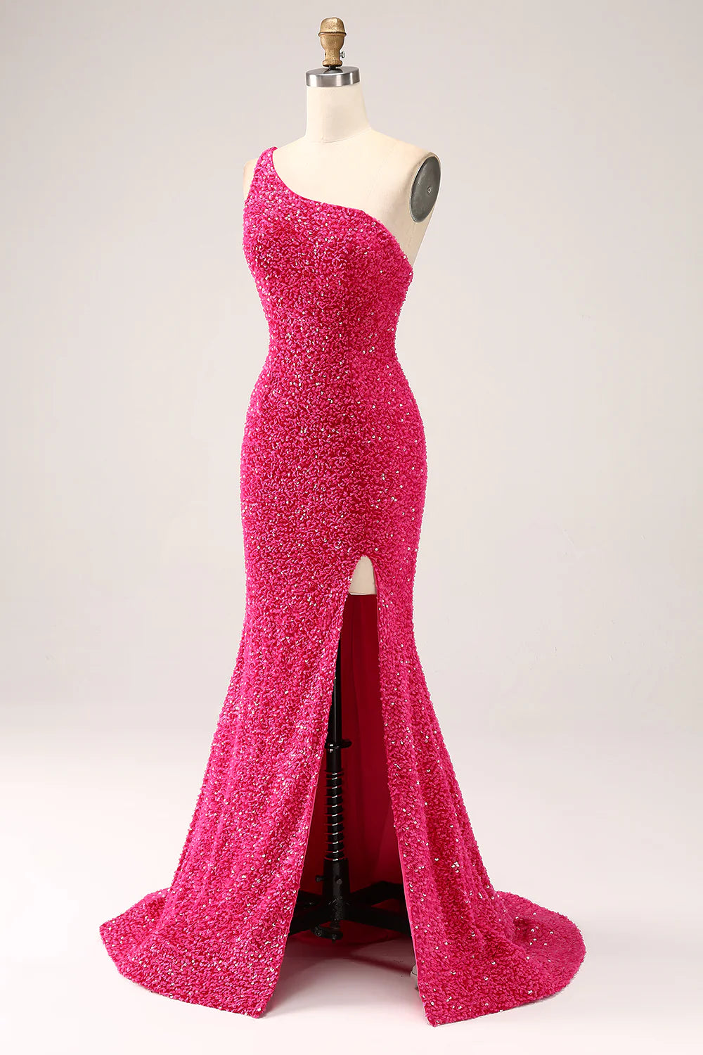 Sparkly Fuchsia Mermaid One Shoulder Long Sequin Prom Dress with Slit