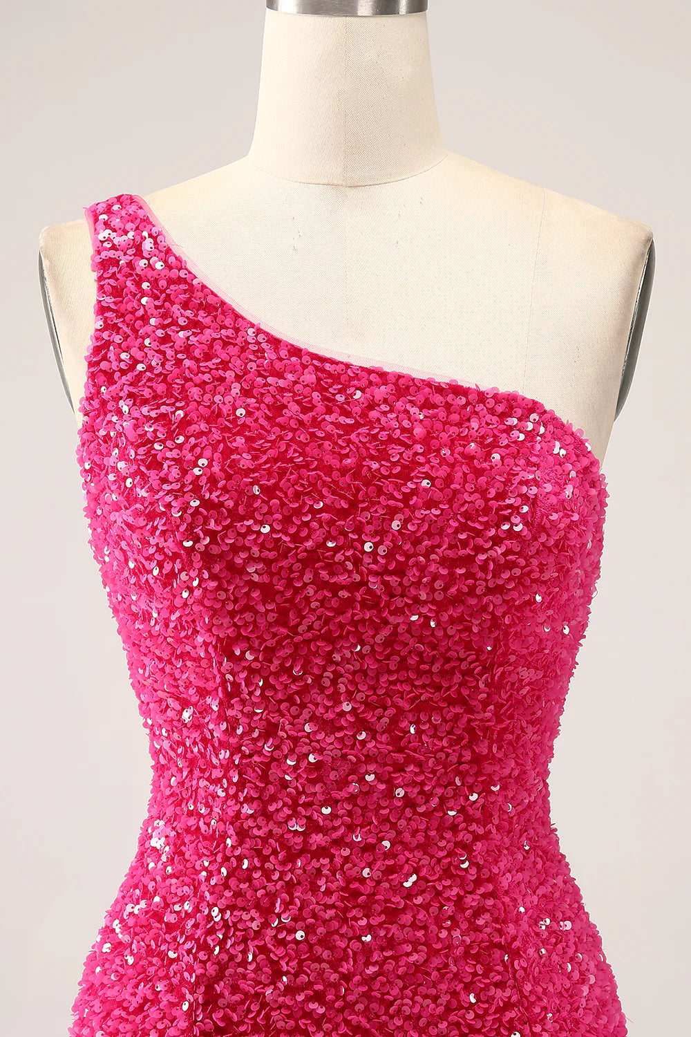 Sparkly Fuchsia Mermaid One Shoulder Long Sequin Prom Dress with Slit