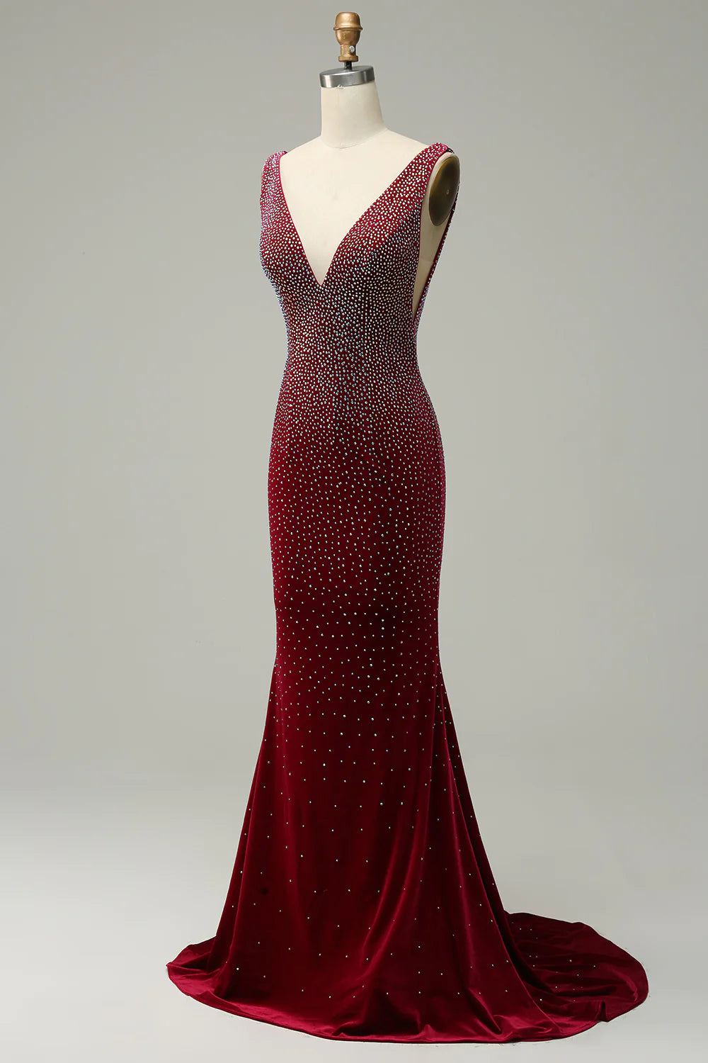 Mermaid Deep V Neck Burgundy Long Prom Dress with Beading