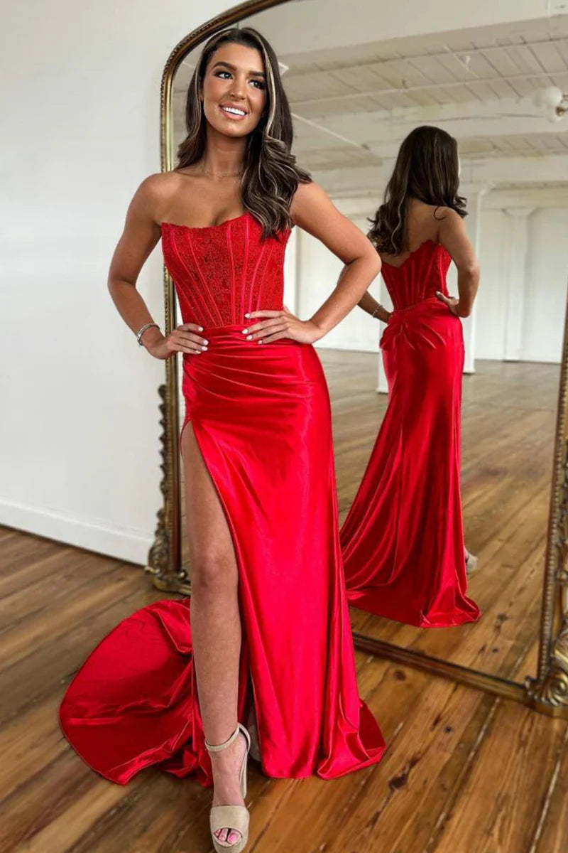 Sheath Strapless Corset Satin Prom Dress with