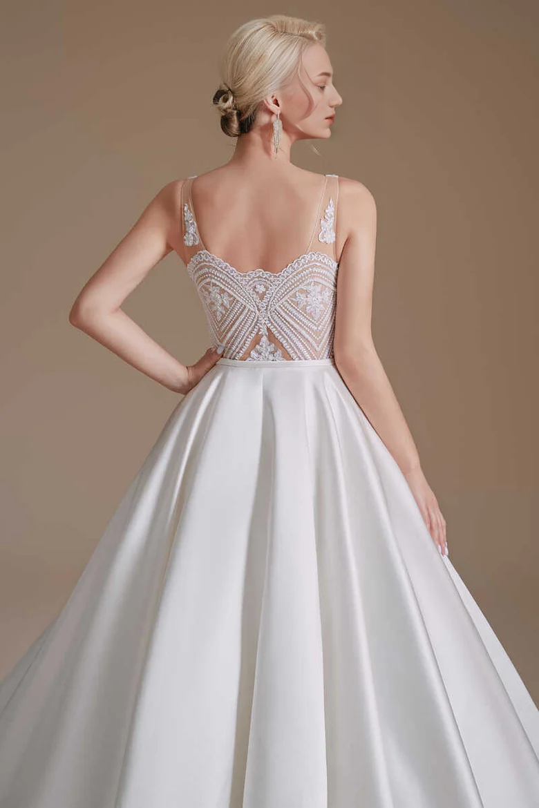 Embroidered V-Neck Open Back A-Line Long Wedding Dress