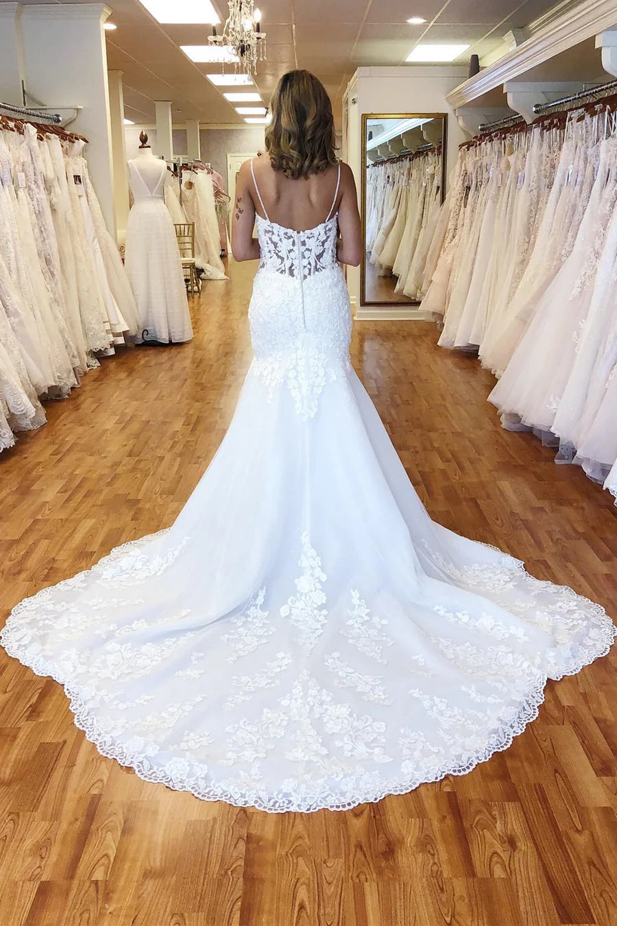 Lace Bustier Keyhole Straps Mermaid Long Wedding Dress