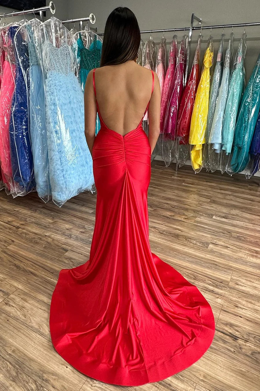 V-Neck Open Back Mermaid Long Formal Dress with Slit