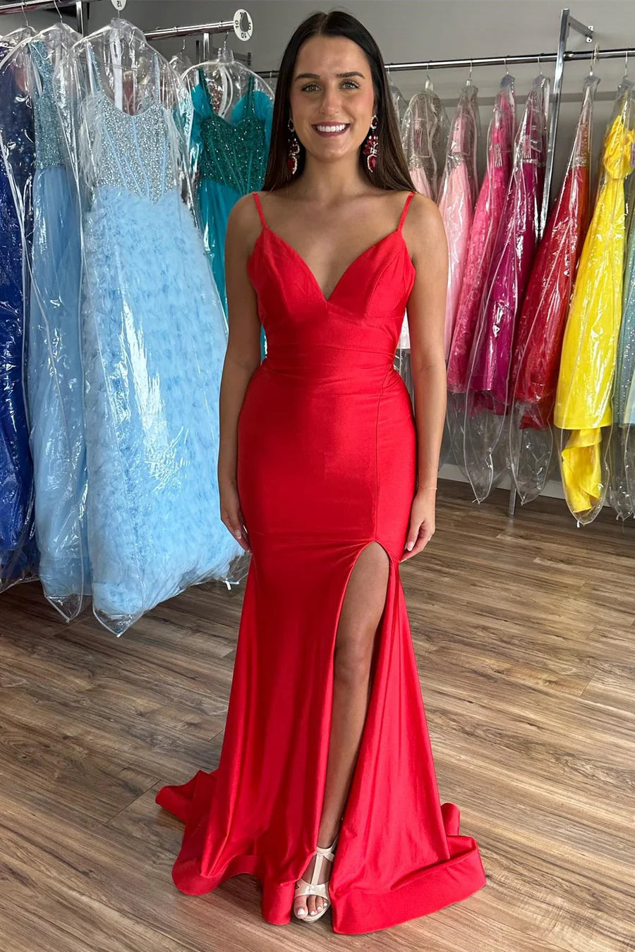 V-Neck Open Back Mermaid Long Formal Dress with Slit