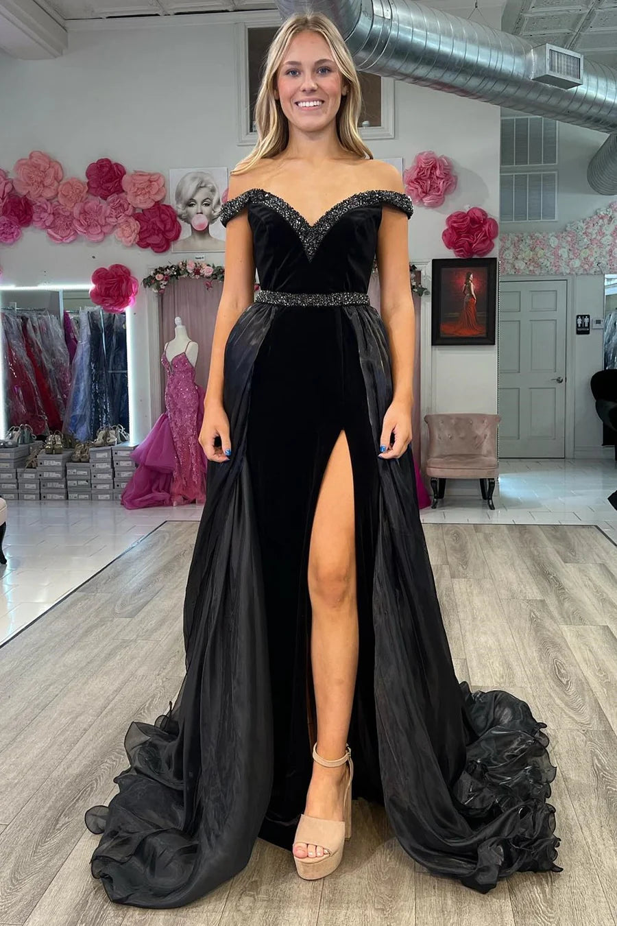 Velvet Beaded V-Neck Long Gown with Attached Train