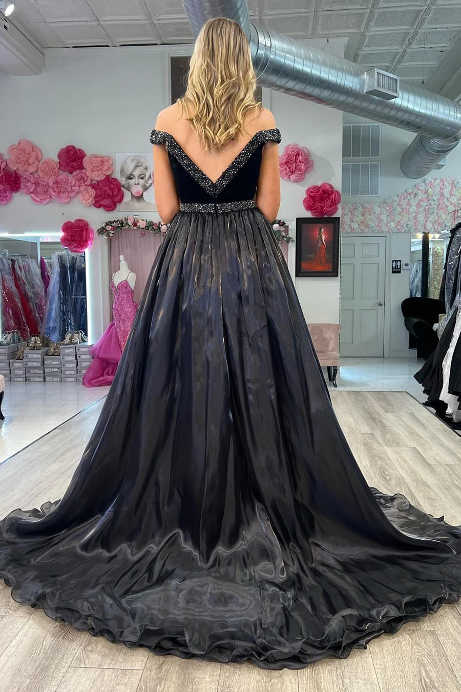 Velvet Beaded V-Neck Long Gown with Attached Train