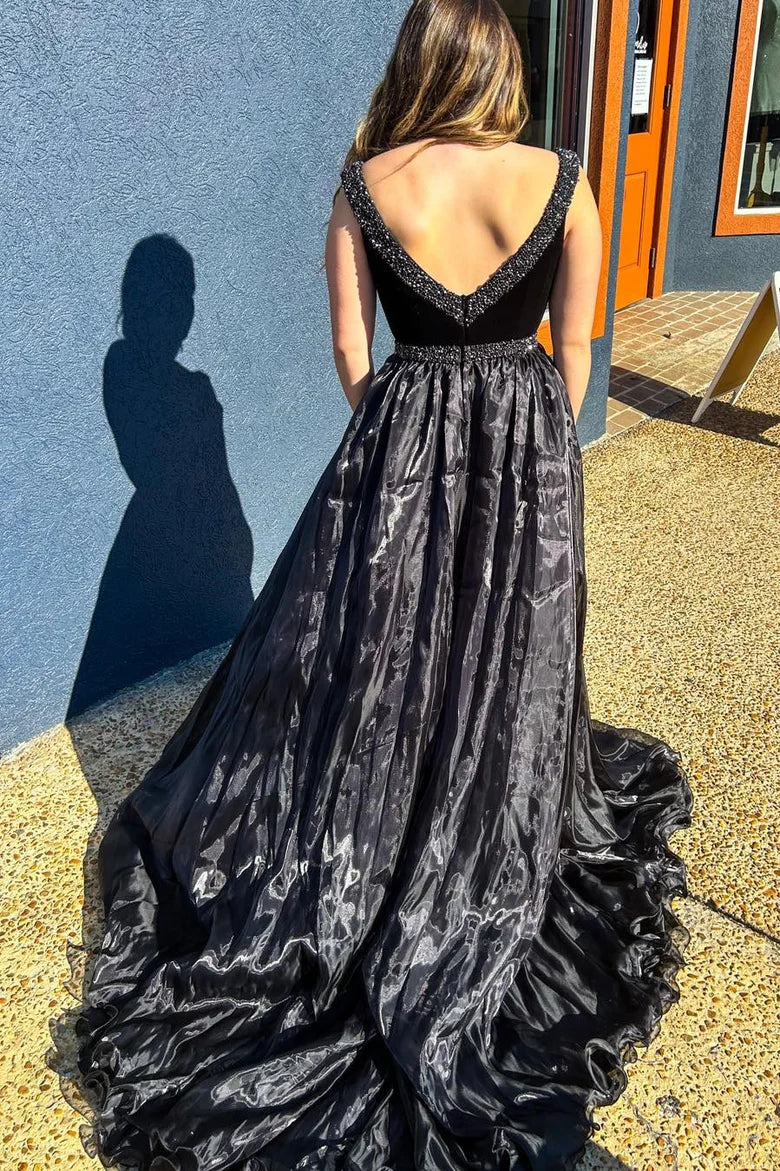 Velvet Beaded V-Neck Long Gown with Attached Train