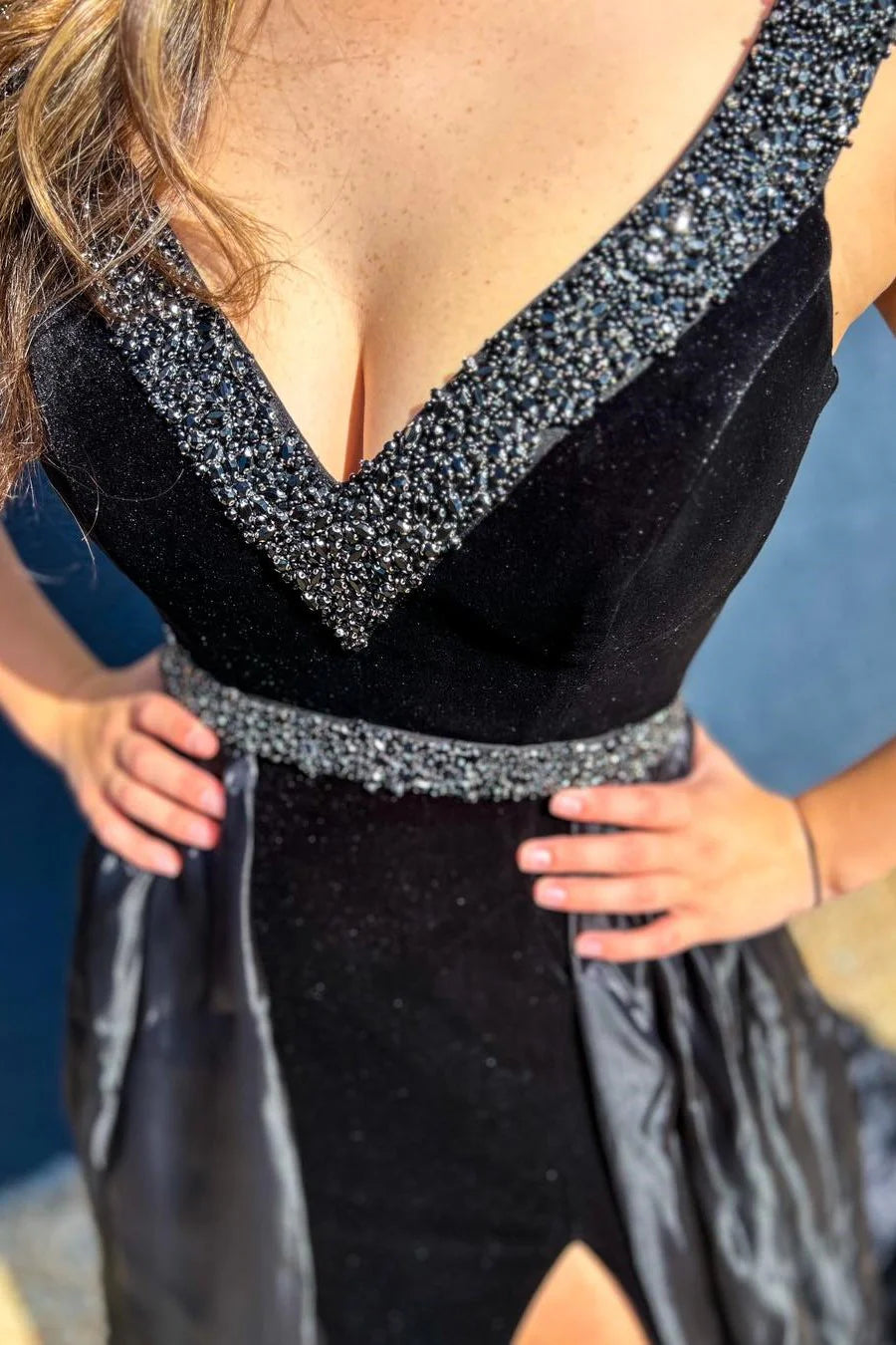 Velvet Beaded V-Neck Long Gown with Attached Train