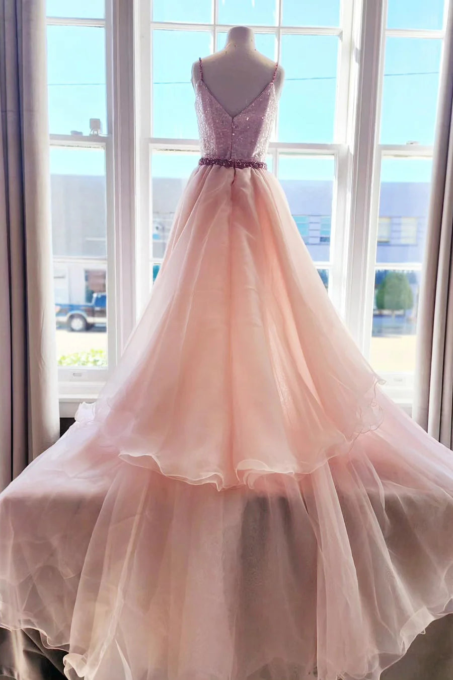 Sequin V-Neck Backless Long Formal Dress with Attached Train