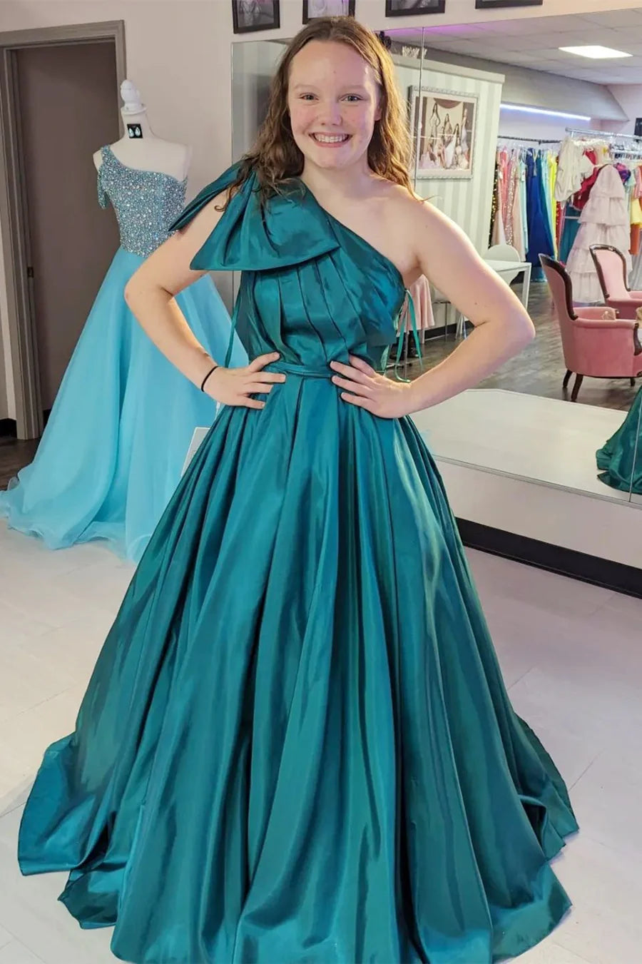 One-Shoulder Bow-Strap Ball Gown