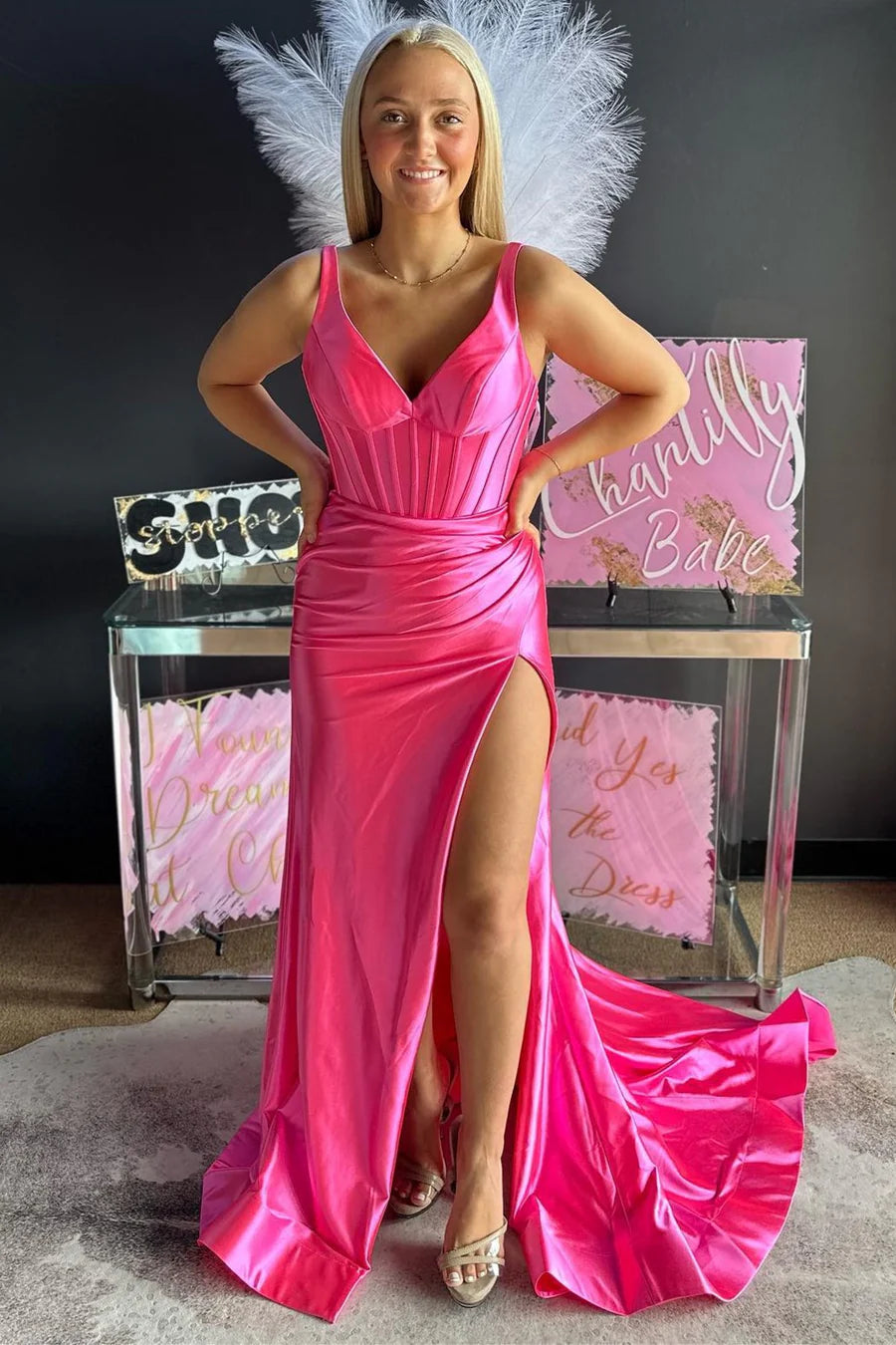 V-Neck Ruched Mermaid Long Formal Dress with Slit