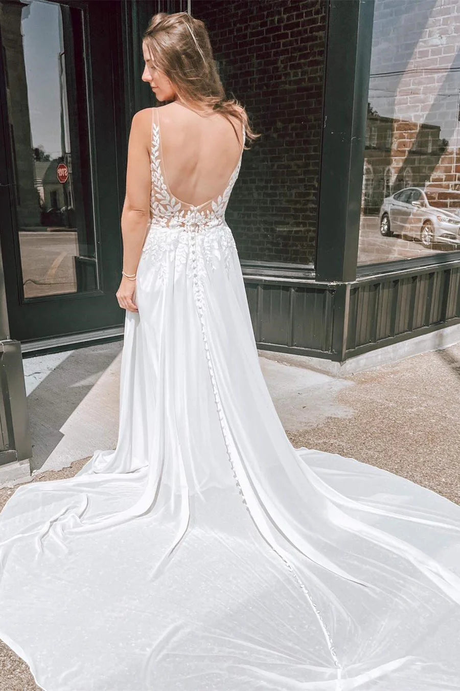 Appliques Plunge V Open Back Long Wedding Dress