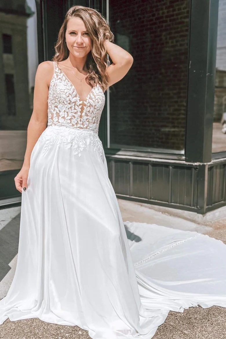Appliques Plunge V Open Back Long Wedding Dress