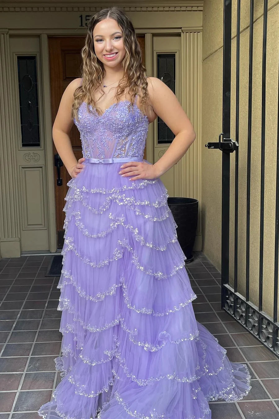 Lace Beaded Ruffle Tiered Long Prom Dress with Slit