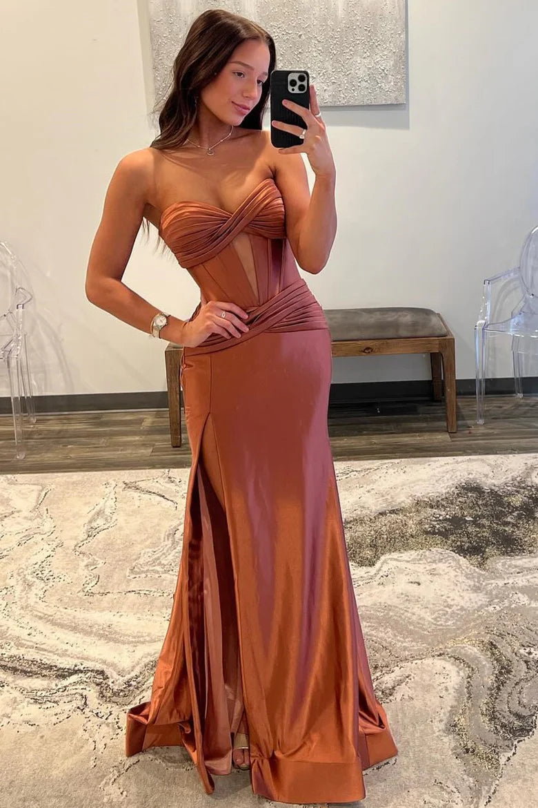 Strapless Keyhole Mermaid Long Dress with Slit