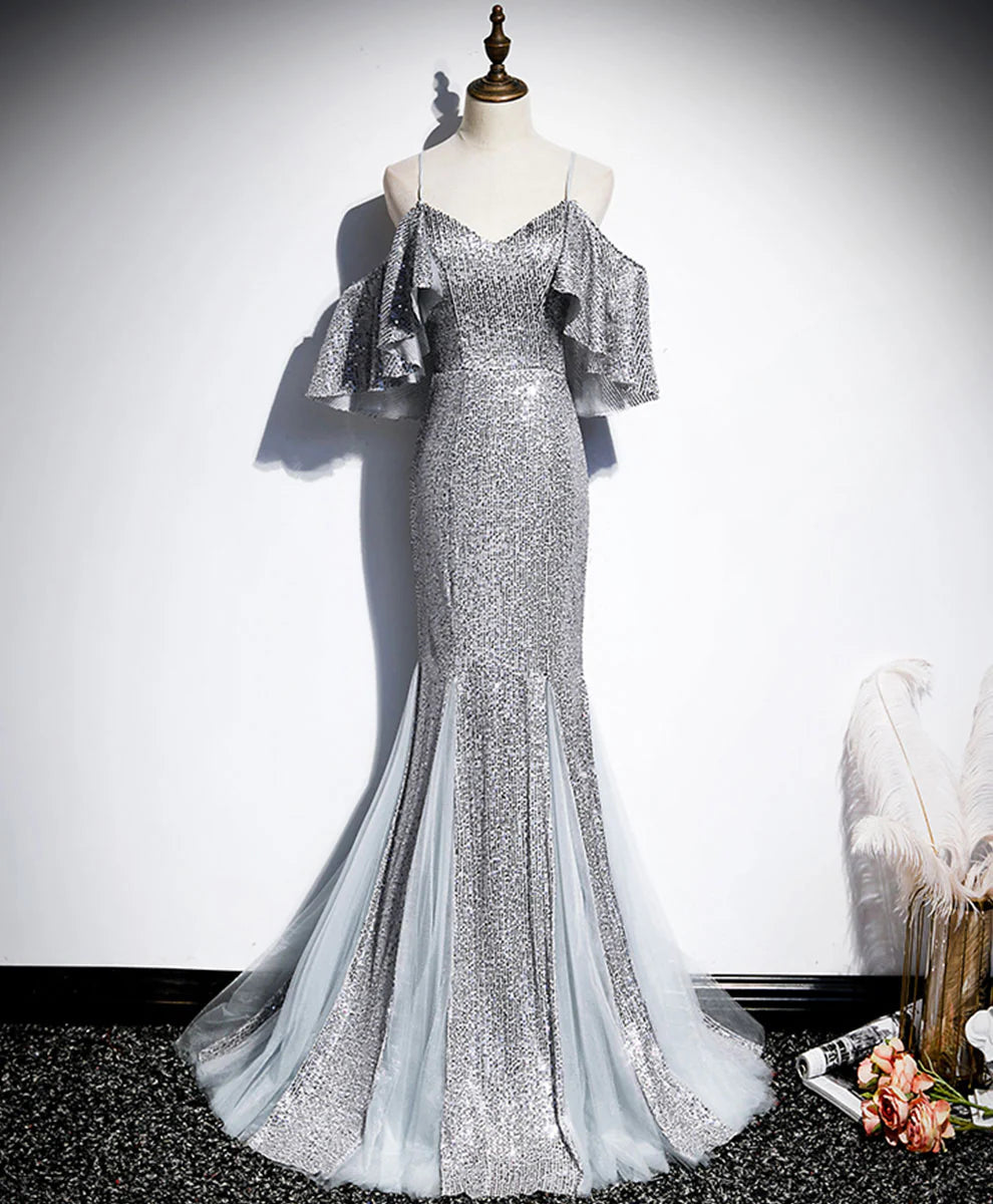 V Neck Sequin Mermaid Long Prom Dress Gray Formal Dress