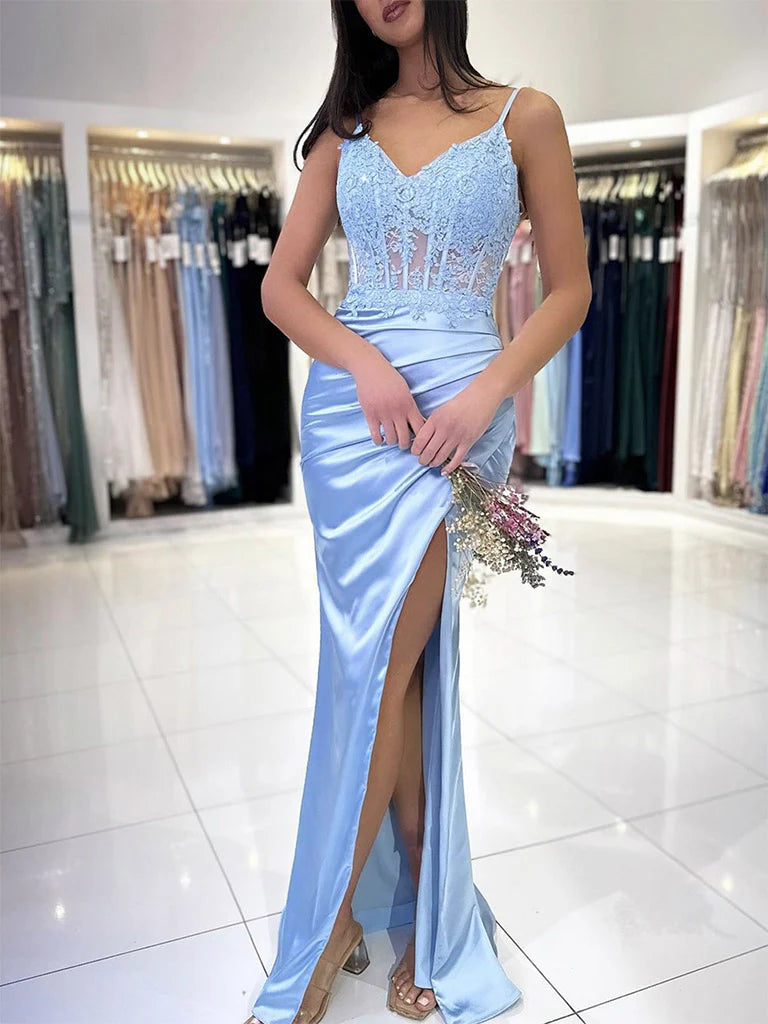 V Neck Satin Lace Mermaid Long Prom Dress
